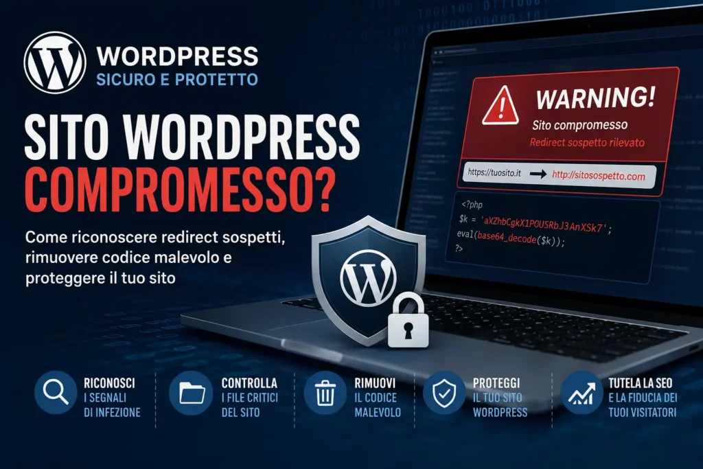 Sito WordPress compromesso con redirect sospetti e codice malevolo da rimuovere