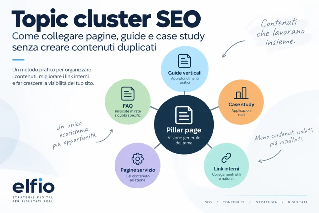 Schema di un topic cluster SEO con pillar page, guide, case study, FAQ e link interni